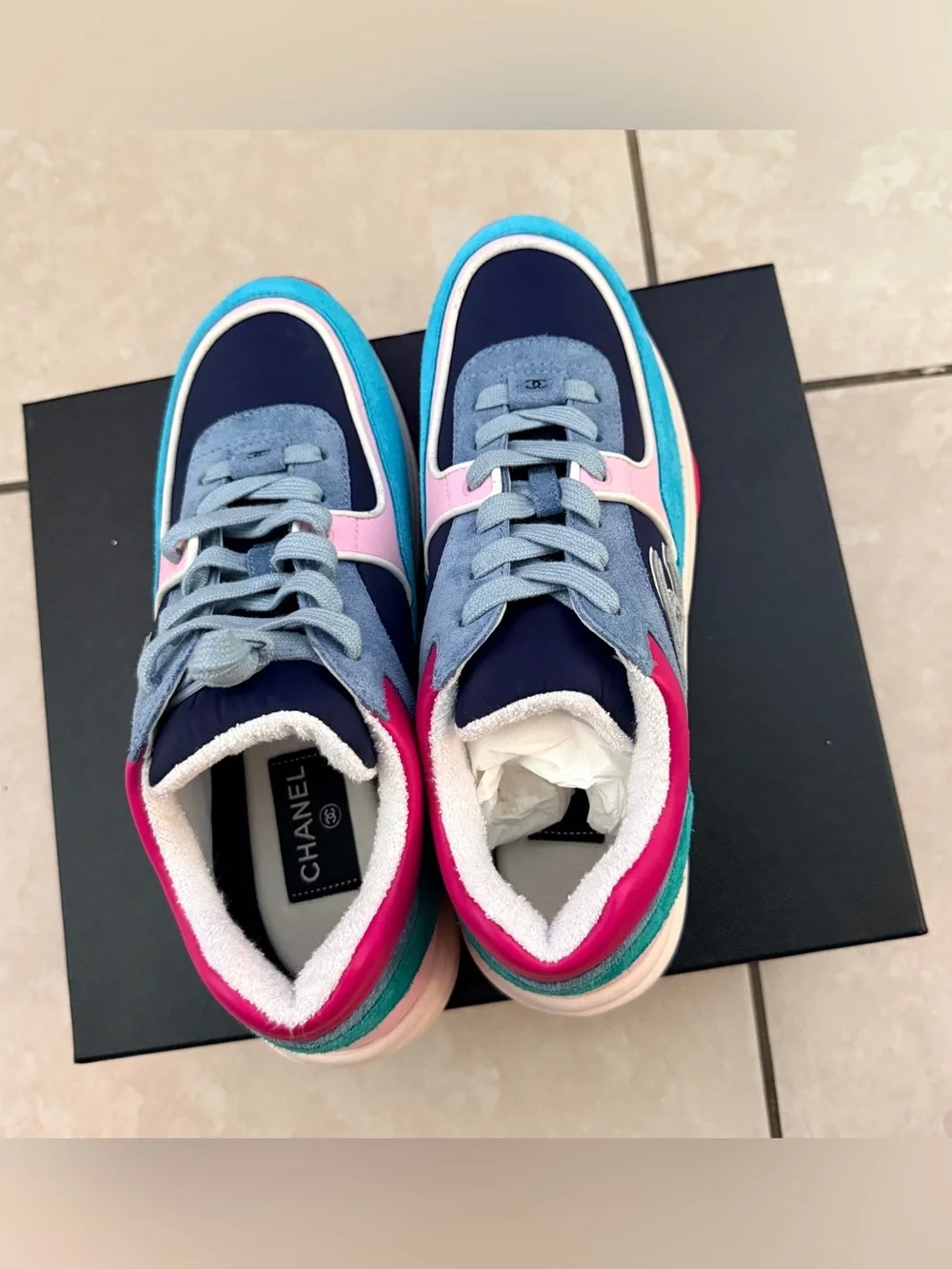 CHANEL Multicolor Suede & Leather Logo Sneakers — Navy, Pink, Turquoise